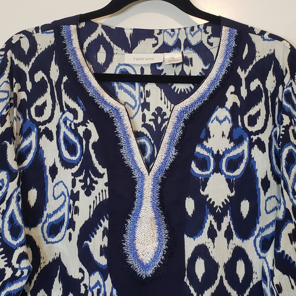 Tantrums Embroidered Cotton Tunic Split V Neck Paisley Print Blue White Size XXL - Picture 9 of 12